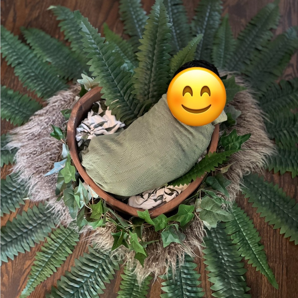 Wooden Heart Bowl with Forest Green Accent Leaves and Newborn Photo Pillow Wrap